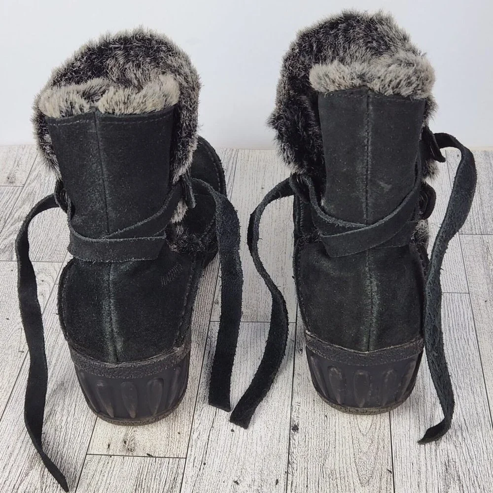Khombu Womens Ankle Boots Size 7 Black Leather Faux Fur Collar, Leather Tie Up